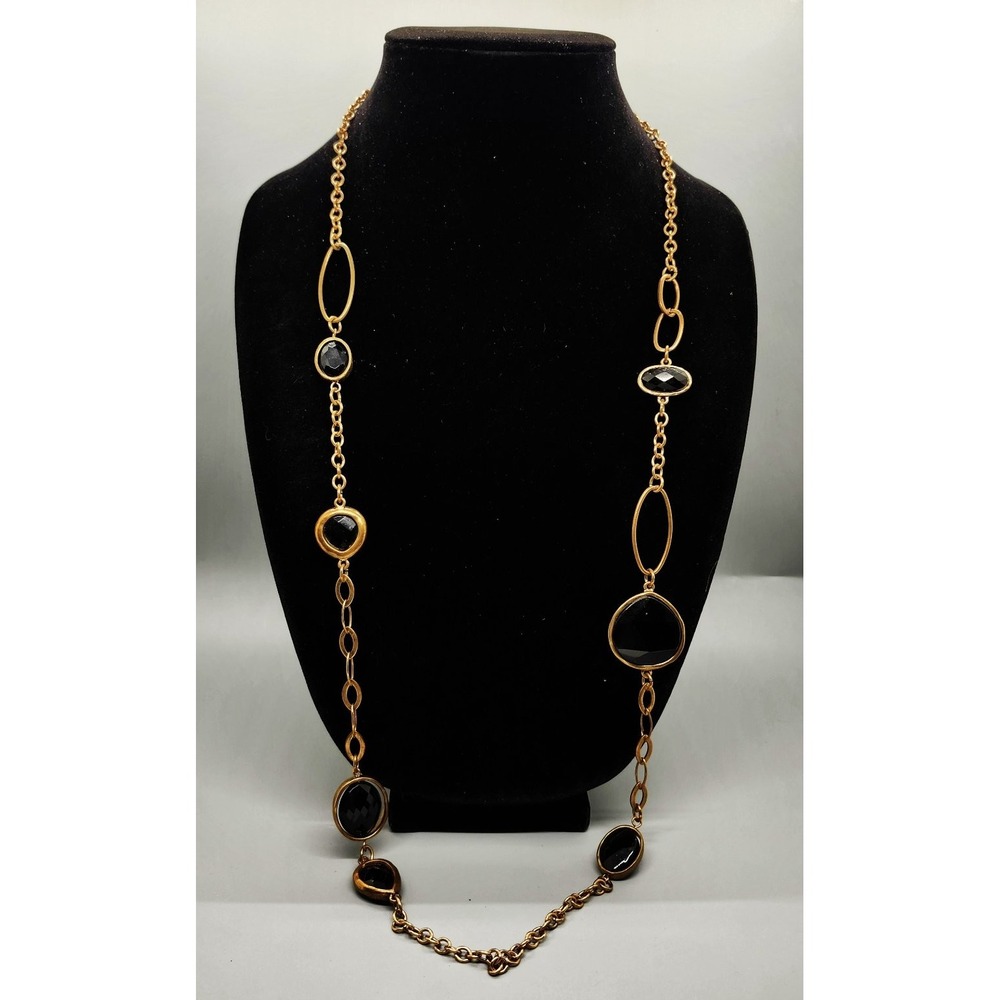 Chico's Long Statement Necklace Black Faceted Stone Gold Tone Station Chain